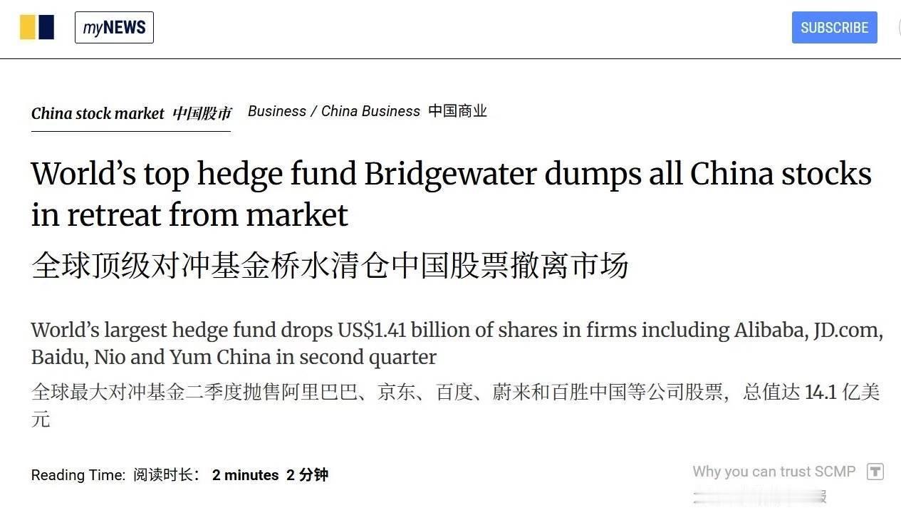 桥水基金抛售中概股 ​​​