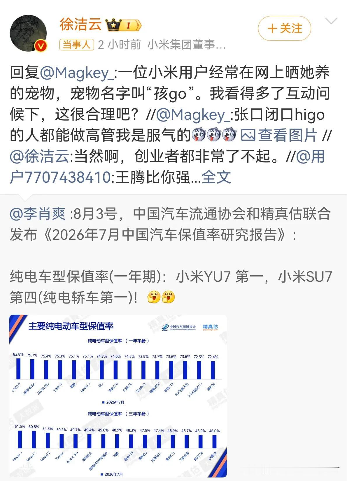 小米徐洁云就“孩go”言论回应，称有小米用户的宠物名叫“孩go” ​。真是长江后
