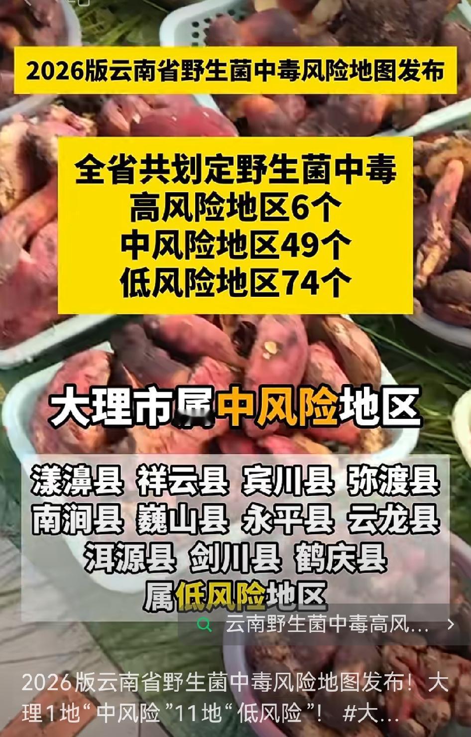 🍄🍄🍄2026版云南省野生菌中毒风险地图新鲜出炉，大理有1地为“中风险”，