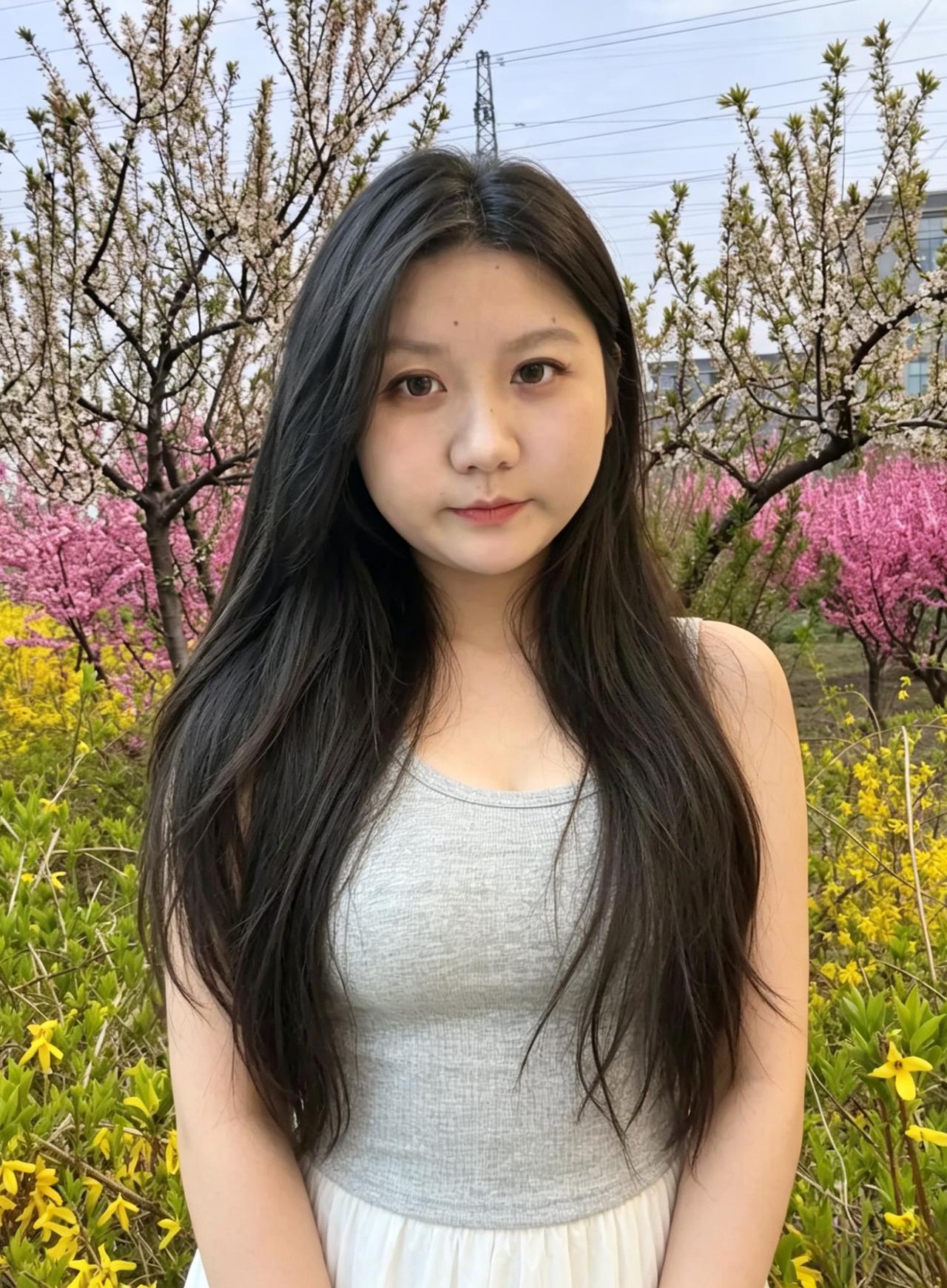 繁花深处立娉婷，素色衣衫映翠庭。
眉黛轻舒含秀色，嫣然一笑醉春屏。