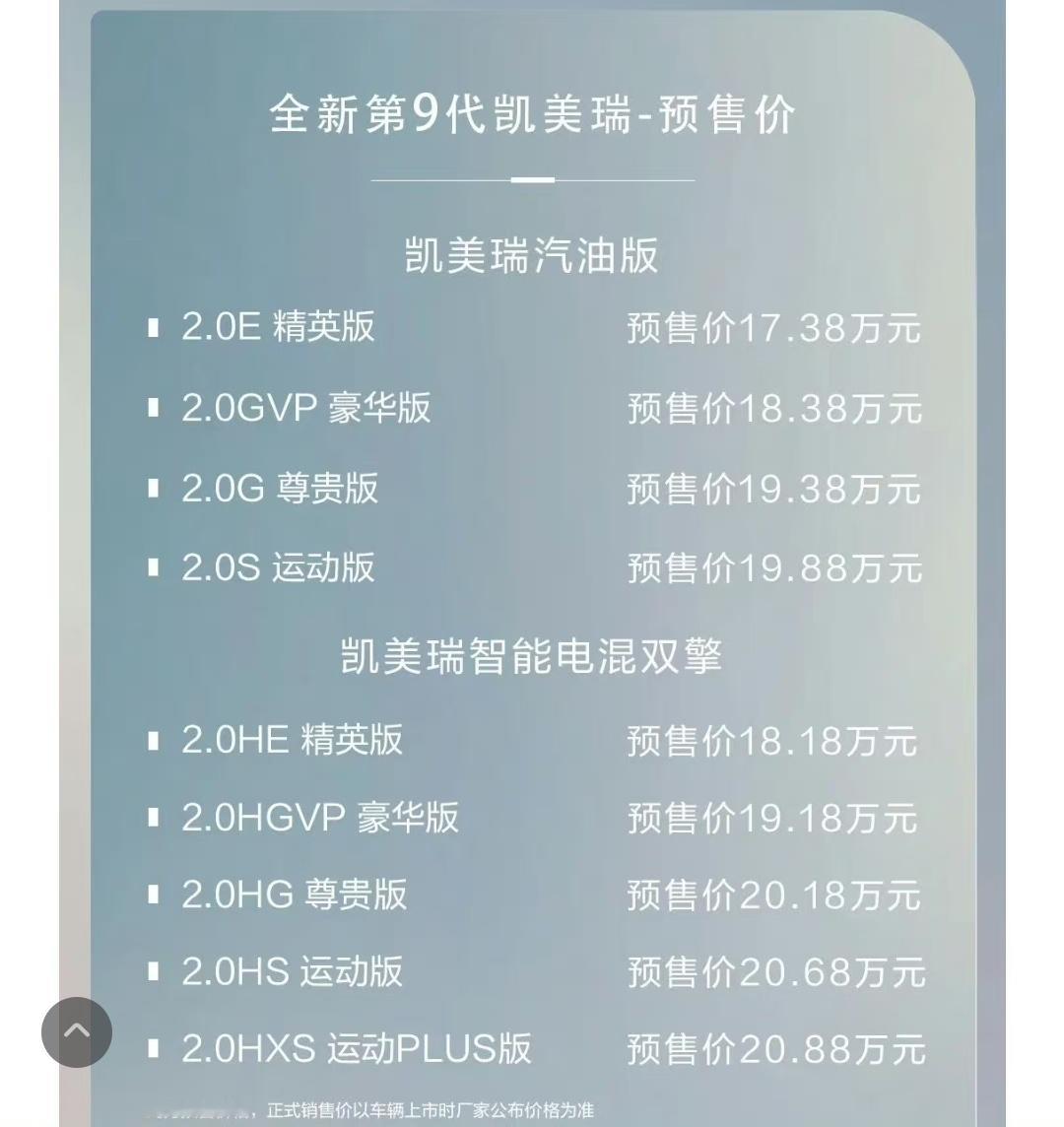 如果9代凯美瑞的最终指导价真的是这个，那对于可能要来的11代雅阁hev还是有点麻