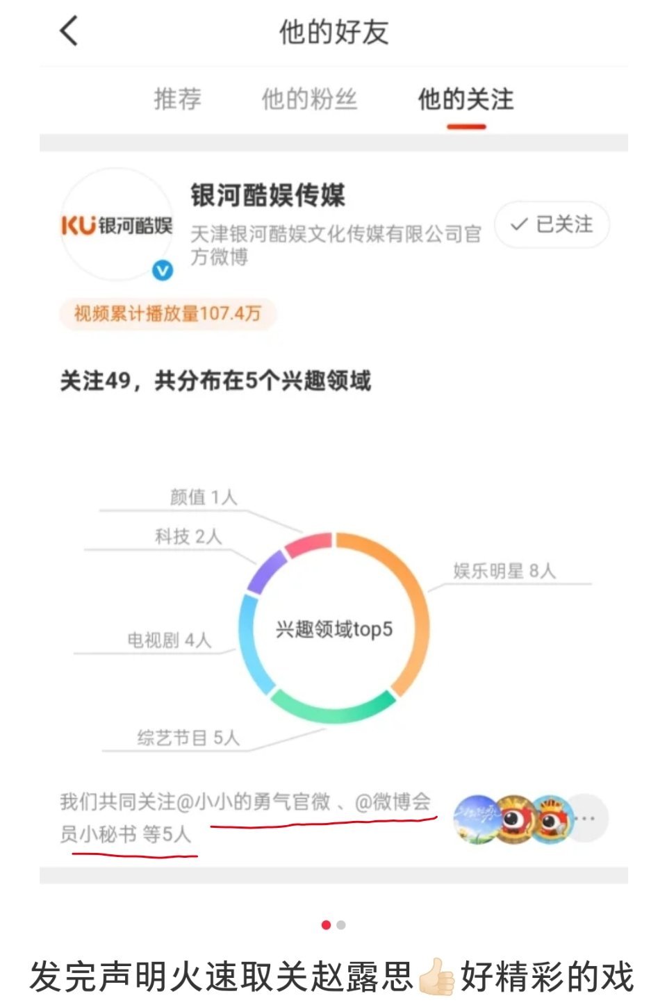 银河酷娱疑似取关赵露思，但没有取关赵露思工作室，貌似它还是不想把工作室归属权归还