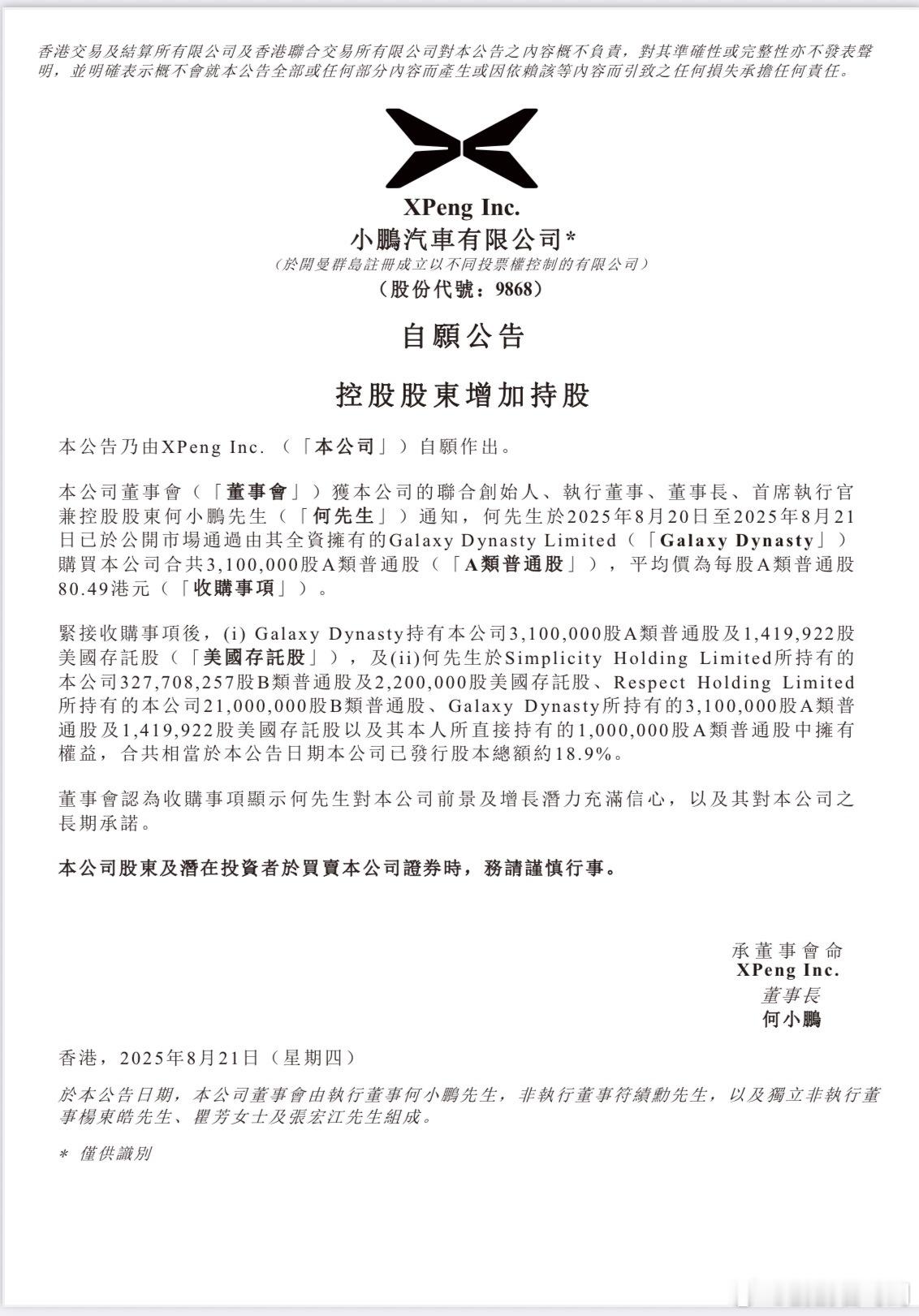何小鹏增持310万股小鹏汽车港股产品好，信心自然足！小鹏汽车公告显示，公司董事长