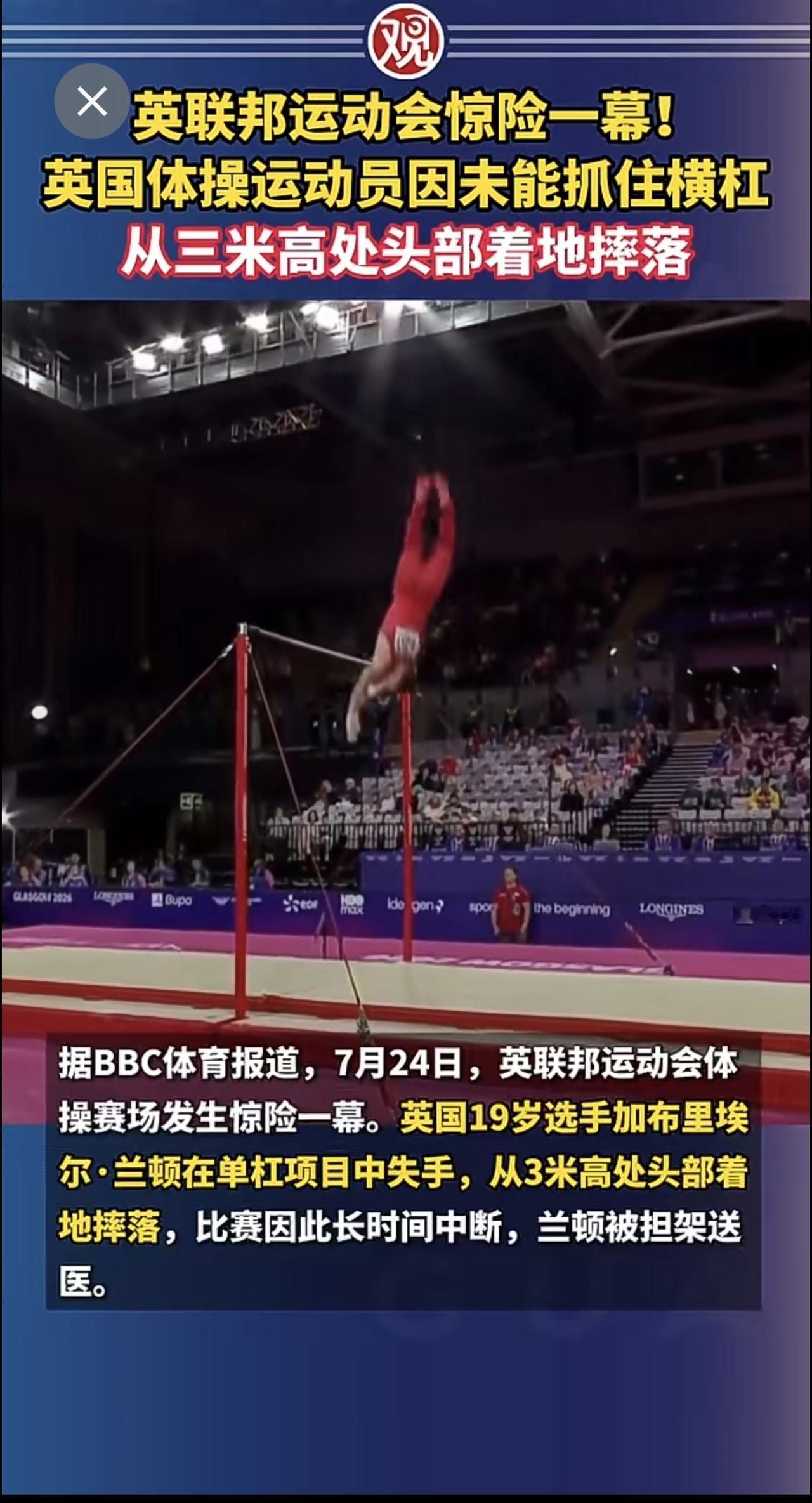 英联邦运动会惊险一幕！英国体操运动员因未能抓住横杠从三米高处头部着地摔落
