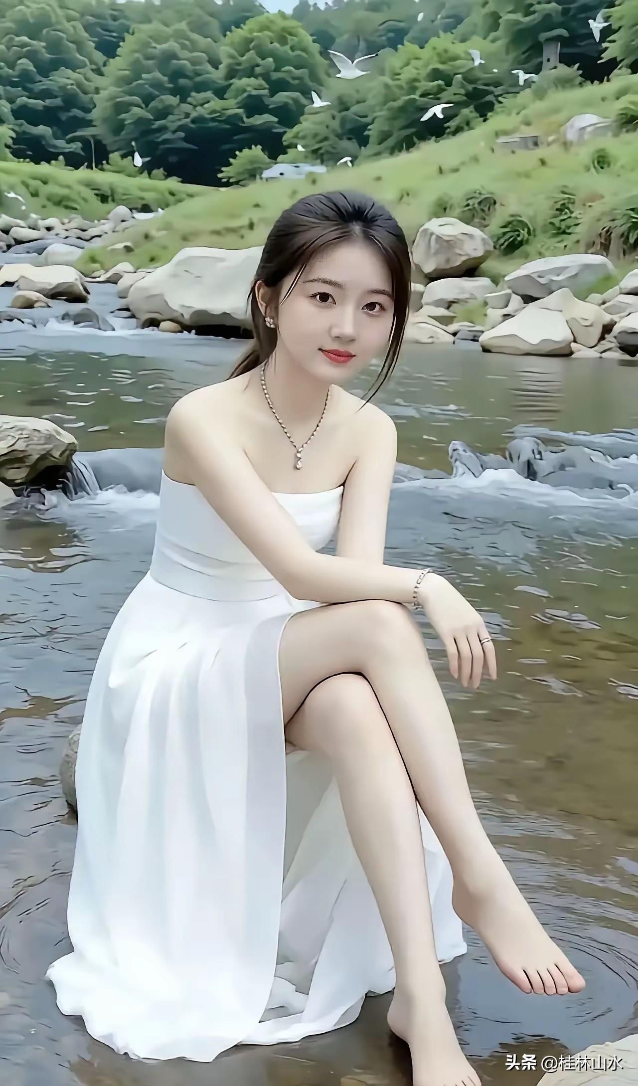 溪边美女，岸边清流