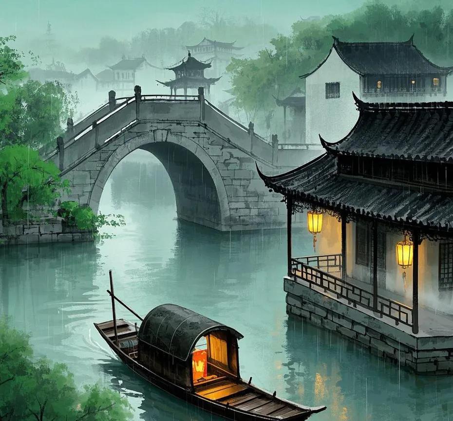 醉江南

江南雨，细如丝。乌篷船，晃悠悠，划过桥洞。丝弦声，轻柔，像江南女子低低