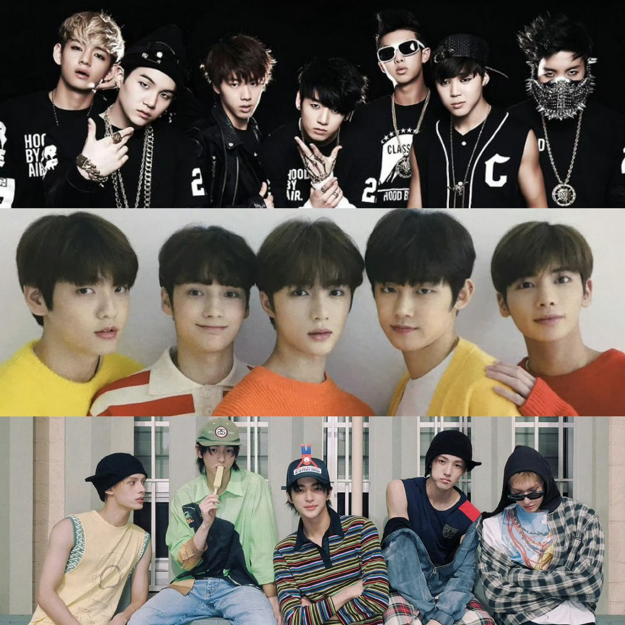 Big Hit旗下组合出道时期的照片，分别是BTS、TXT 、CORTIS ​​