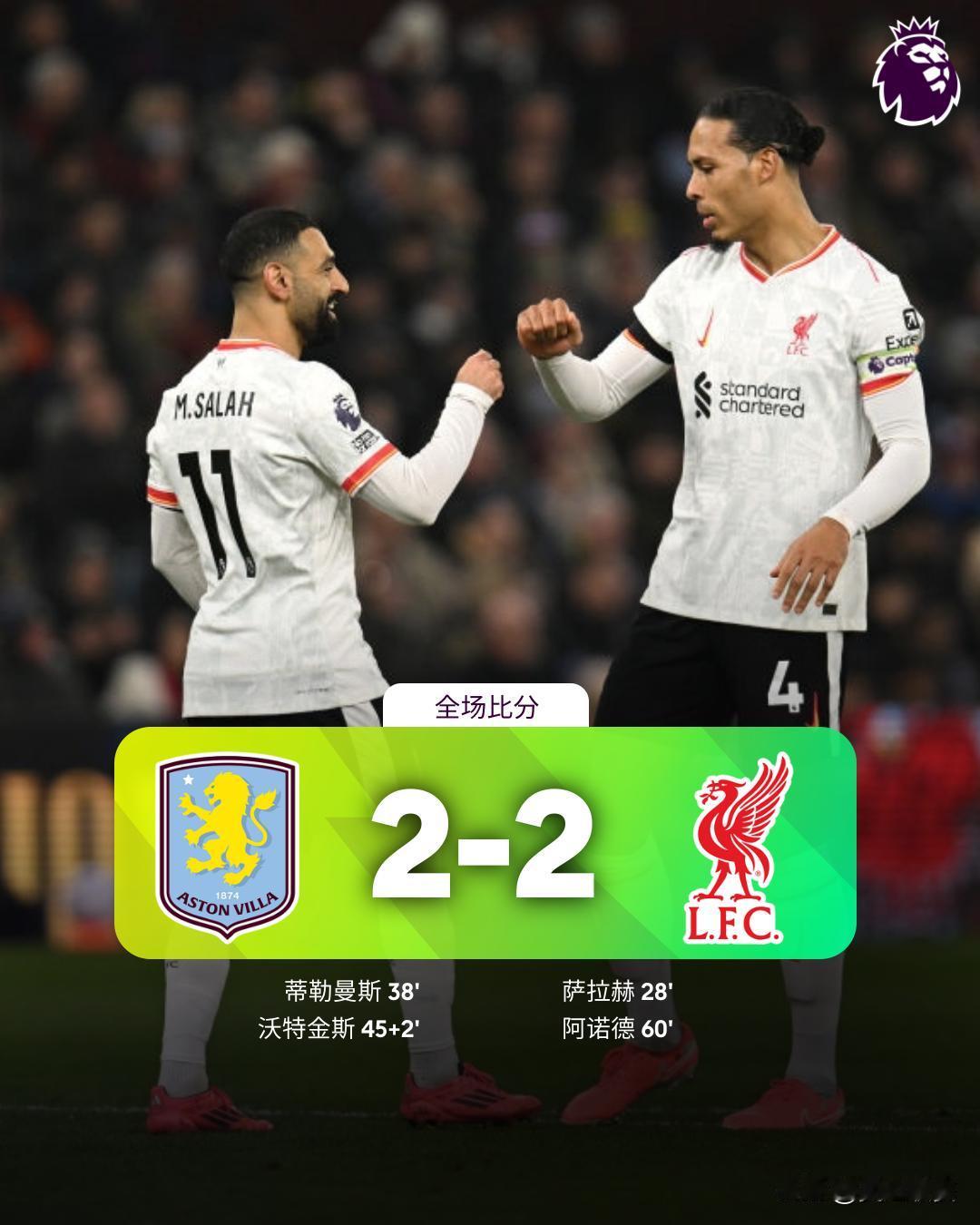 全场比分 | 阿斯顿维拉 2-2 利物浦

⚽第28分钟，若塔前场断球突破到禁区