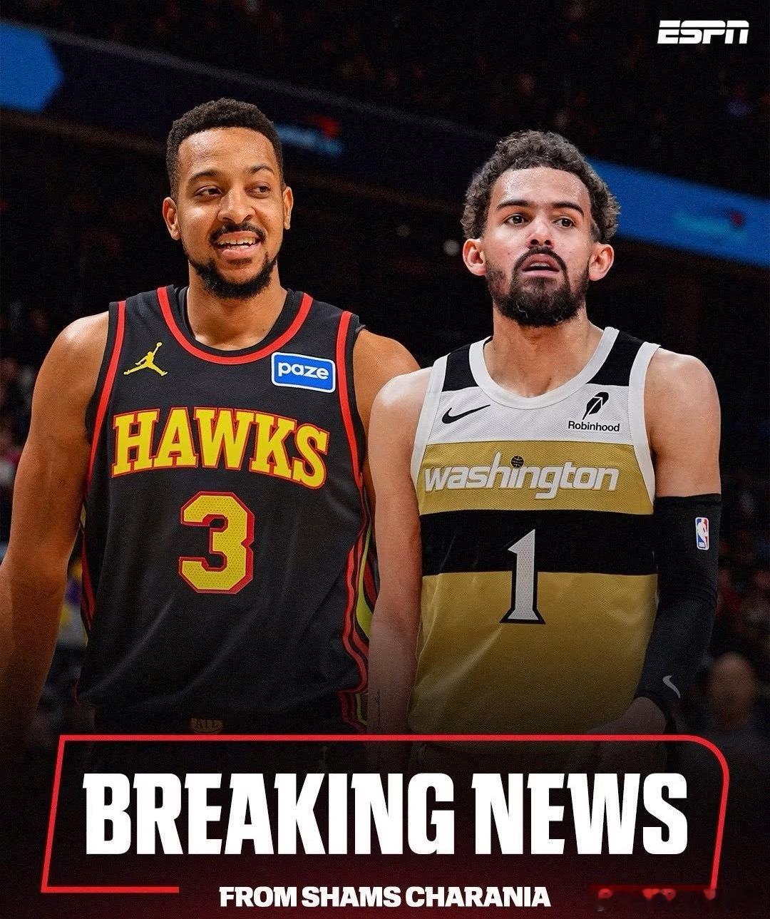 亚特兰大老鹰将NBA全明星球员特雷杨交易至华盛顿奇才队，换来CJ-麦科勒姆和科里