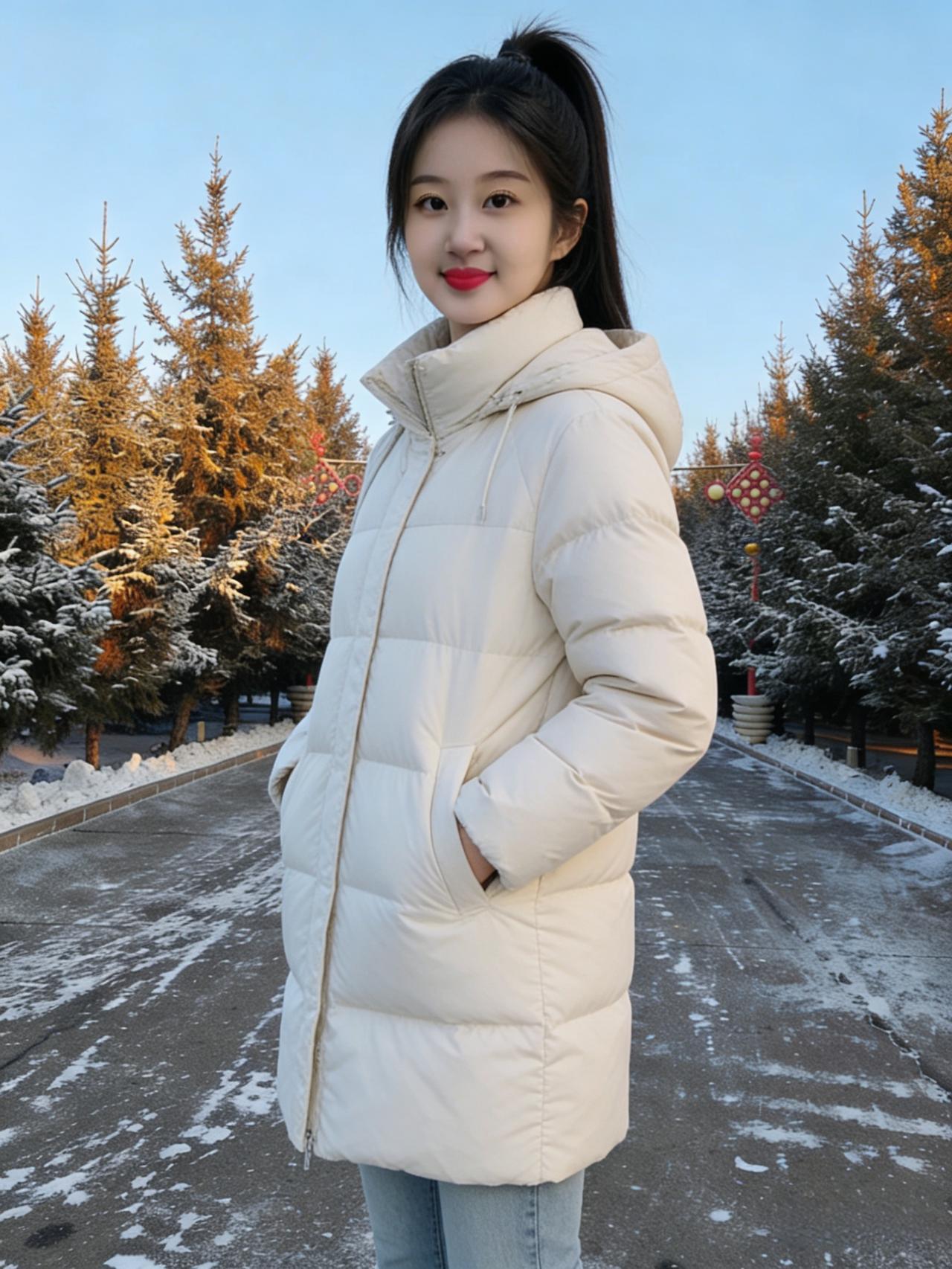 羽绒服的白，与雪地相融，又跳出雪地
马尾是凌厉的笔触，划开冬日的单调
她站在雪后