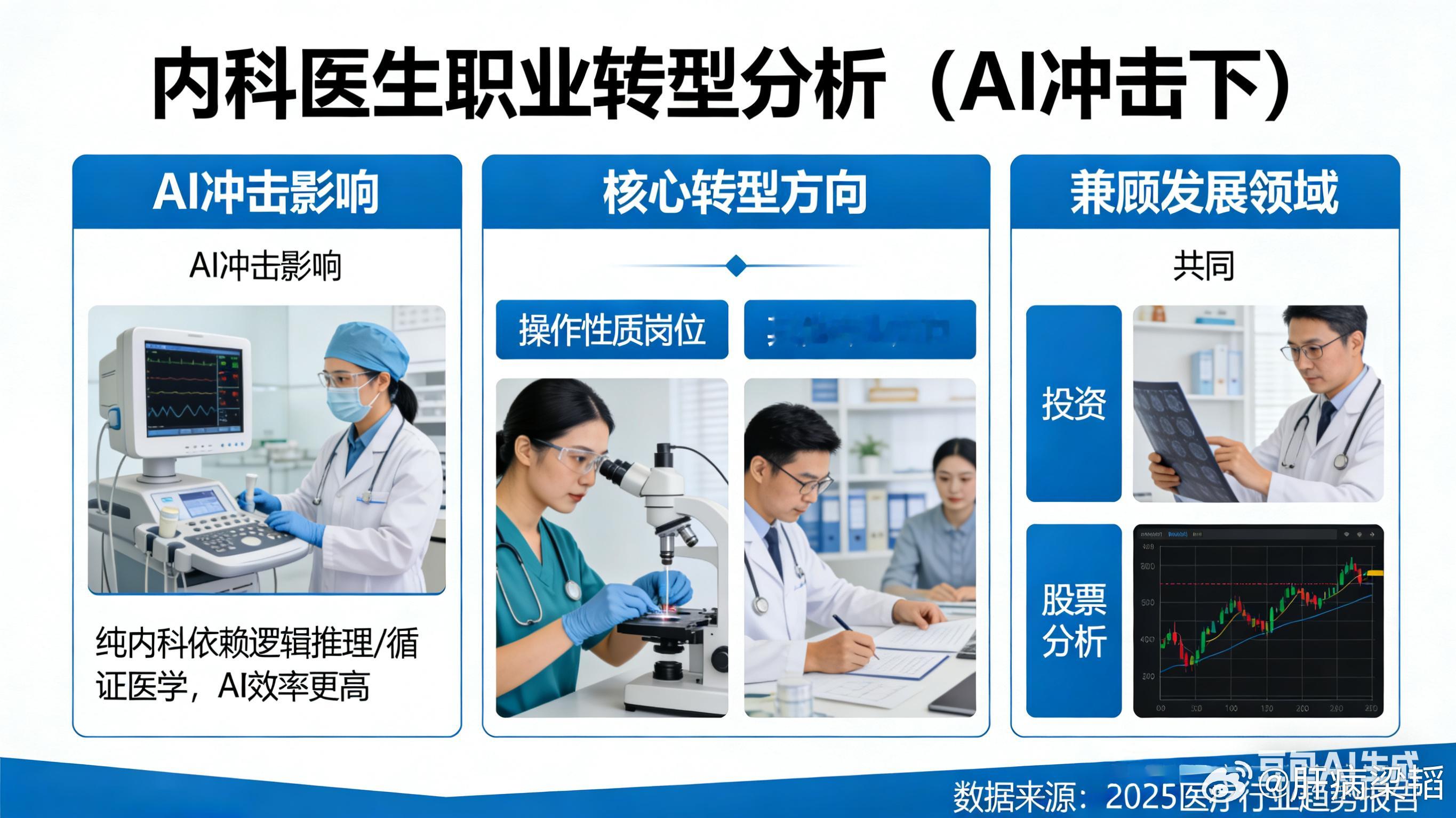 AI冲击下内科医生的发展方向AI对纯内科领域形成强烈冲击，依托逻辑推理、循证医学