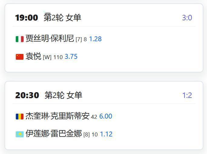 今日赛程：
WTA1000赛武汉站，女单第二轮，目前老将张帅大比分1-0领先科斯