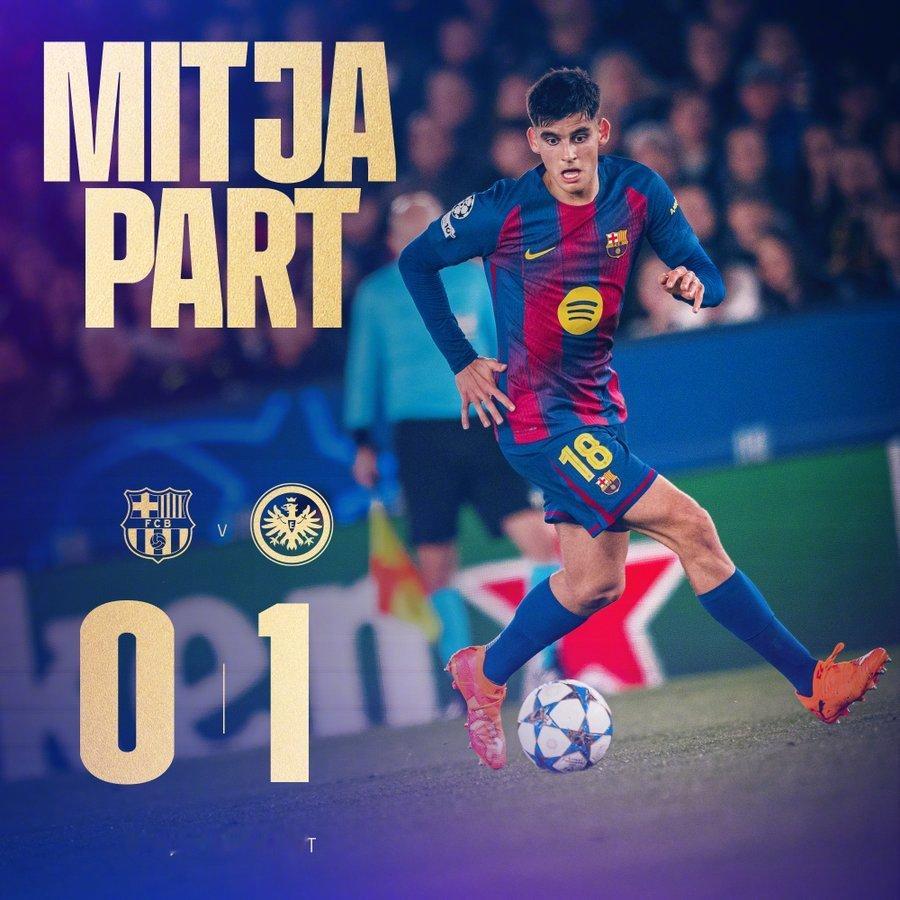 巴萨vs法兰克福上半场比赛结束，巴萨主场暂以 0:1 落后。上半场双方对抗激烈，