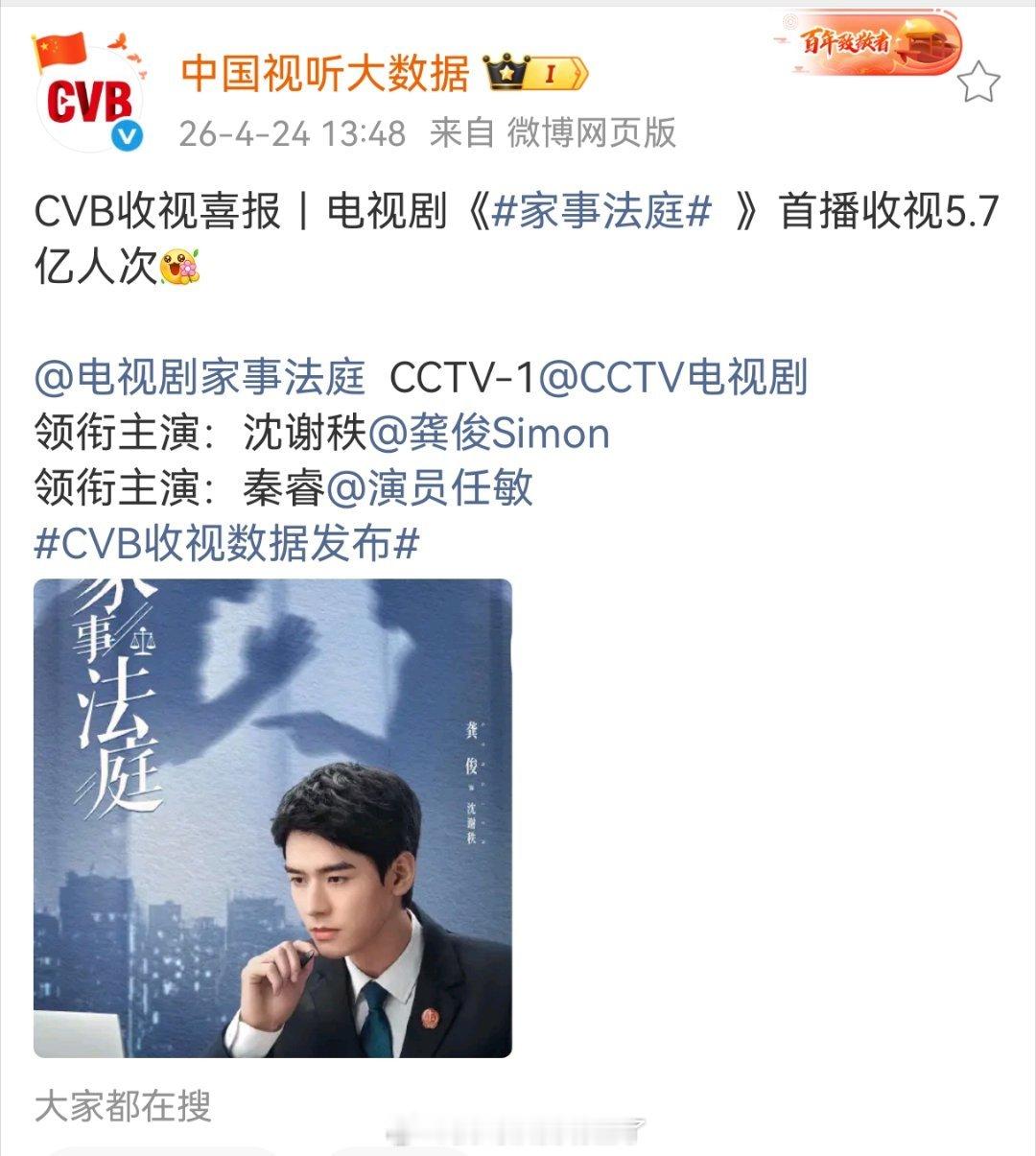 龚俊《家事法庭》官方数据发布：央一首播收视5.7亿人次！！！90扛剧生龚俊权威！