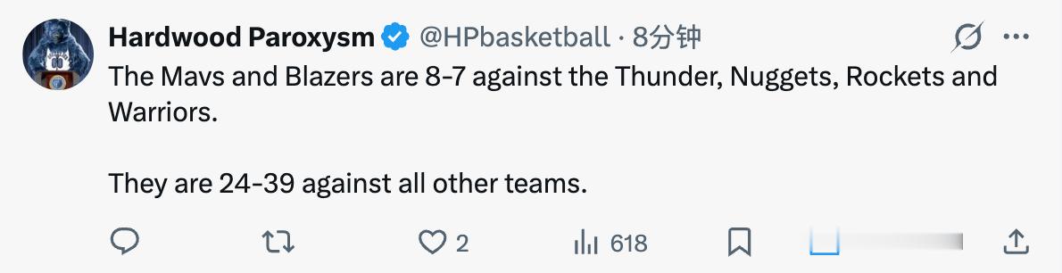 “独行侠队和开拓者队在对阵雷霆、掘金、火箭和勇士时的战绩为 8 胜 7 负。”“