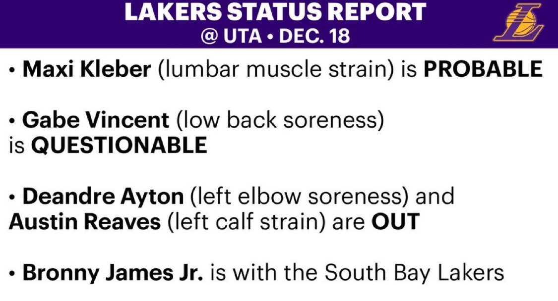 里夫斯、艾顿将缺席比赛，文森特能否出战犹他爵士队的比赛存疑。洛杉矶湖人湖人国度