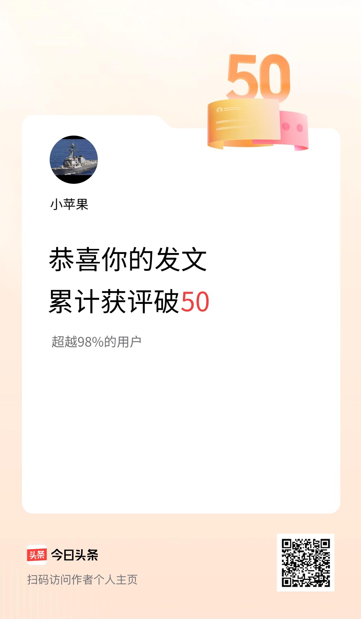 我在头条累计获评论量破50啦！