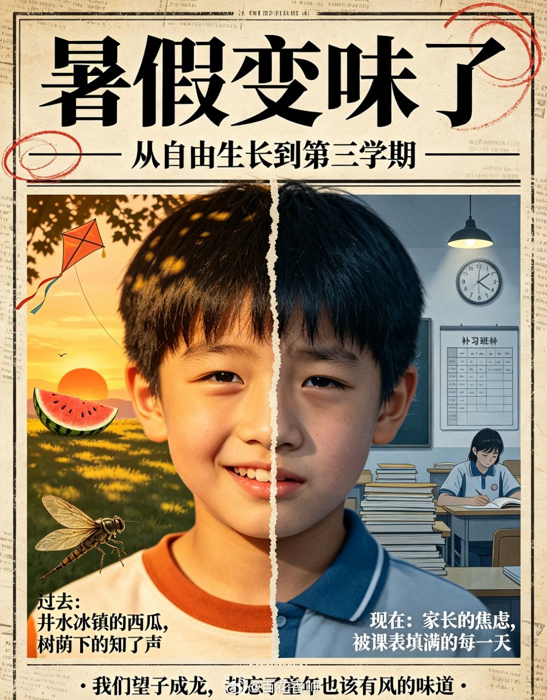 暑假已经变味了过去暑假，是井水冰镇的西瓜、树荫下的知了声、和小伙伴疯跑到天黑，是