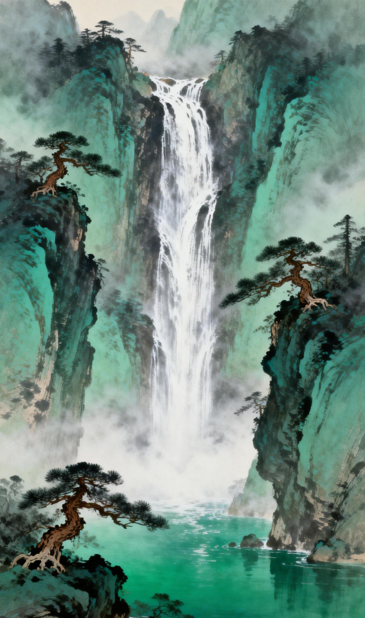 青峦悬练
青峦叠嶂，一练飞悬。碧瀑自云间垂落，击石生雾，碎玉迸溅如星。峭壁古松虬