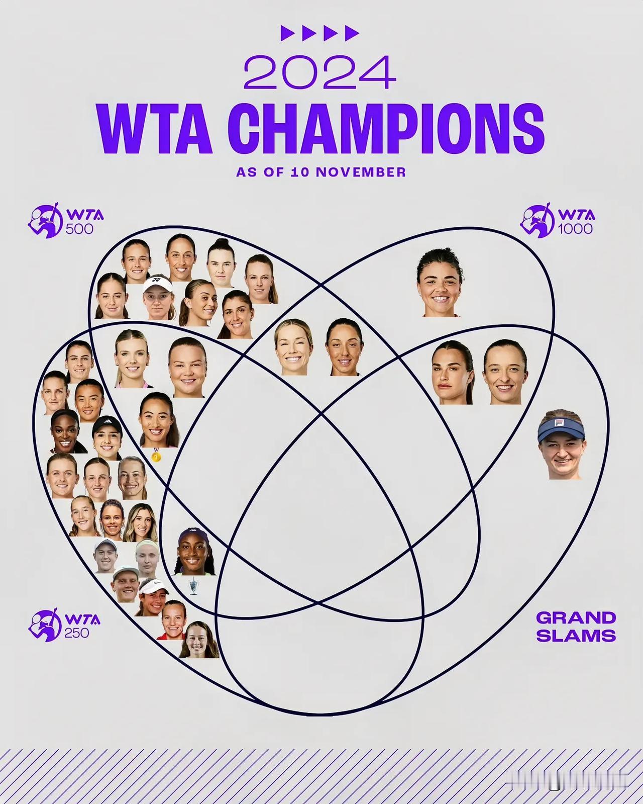 WTA经典韦恩图的赛季冠军总结出炉。
中间空的是大满贯冠军 ，1000冠军，50