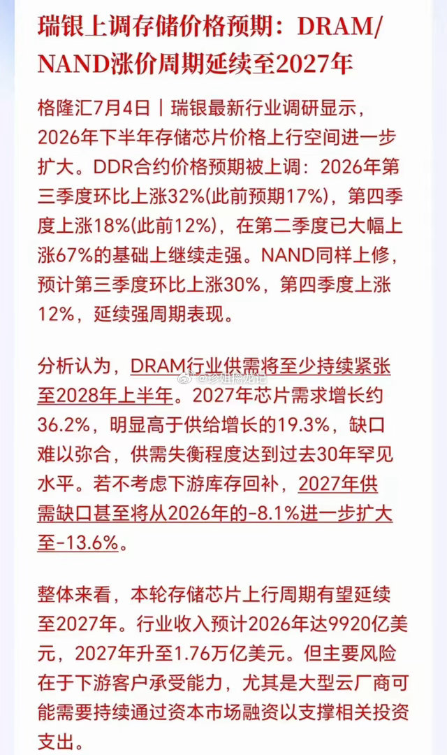 半导体存储芯片持续涨价，行业超级周期延续。瑞银研报显示，当前存储芯片全面供不应求