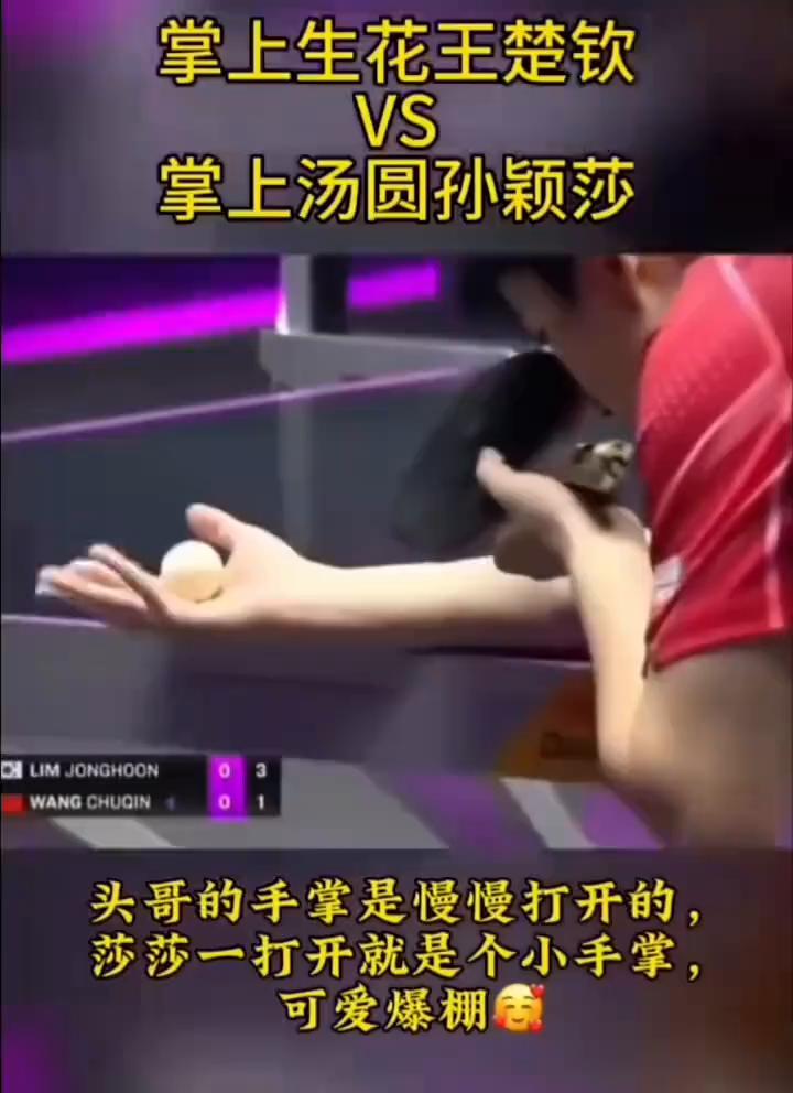 掌上生花王楚钦VS掌上汤圆孙颖莎。
头哥的手掌是慢慢打开的，莎莎一打开就是个小手