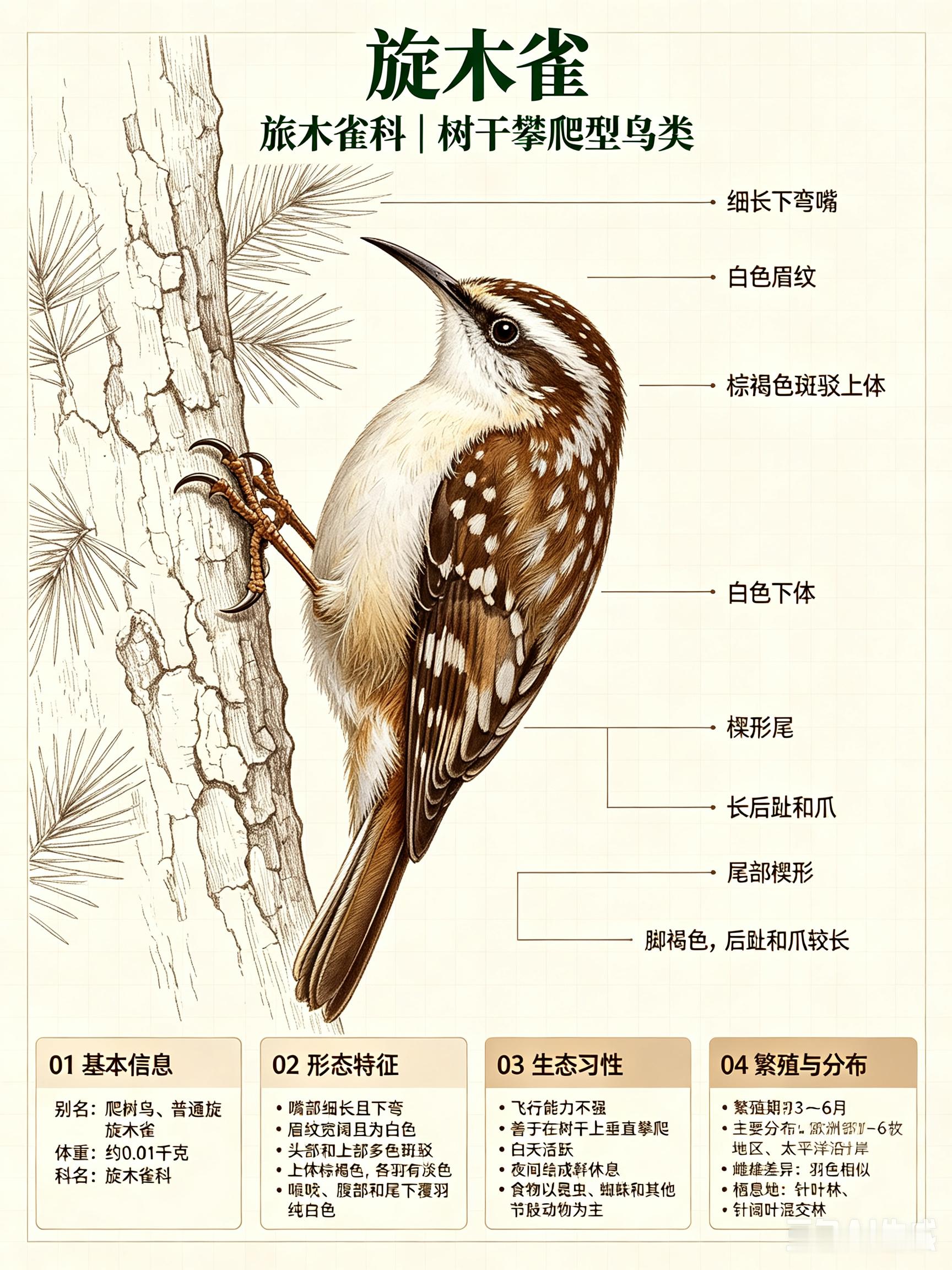 鸟类朋友图鉴 旋木雀科名：旋木雀科体重：约0.01千克别名：爬树鸟、普通旋木雀旋