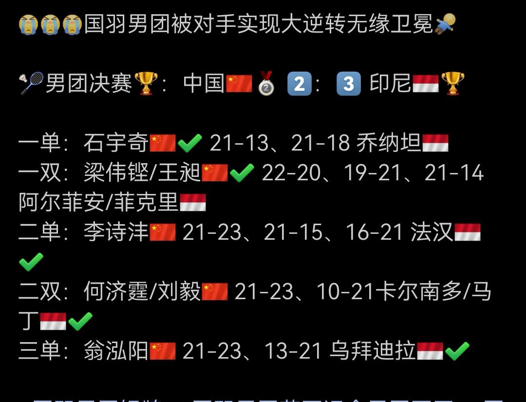 羽毛球男团也输了决赛丢冠，为啥大家反响比乒乓球男团丢冠小得多？三个原因。
1、我