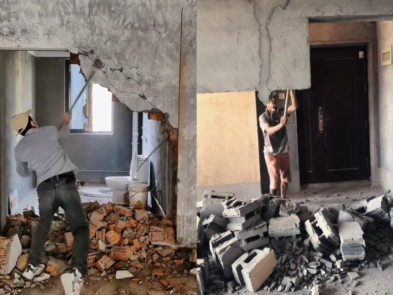 “笑不活了！”
浙江一哥们儿装修，
嫌砸墙2600太贵，自己扛大锤干，结果

墙