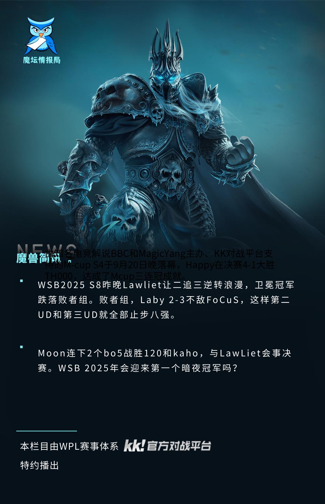 WSB2025 S8昨晚Lawliet让二追三逆转浪漫，卫冕冠军跌落败者组。败者