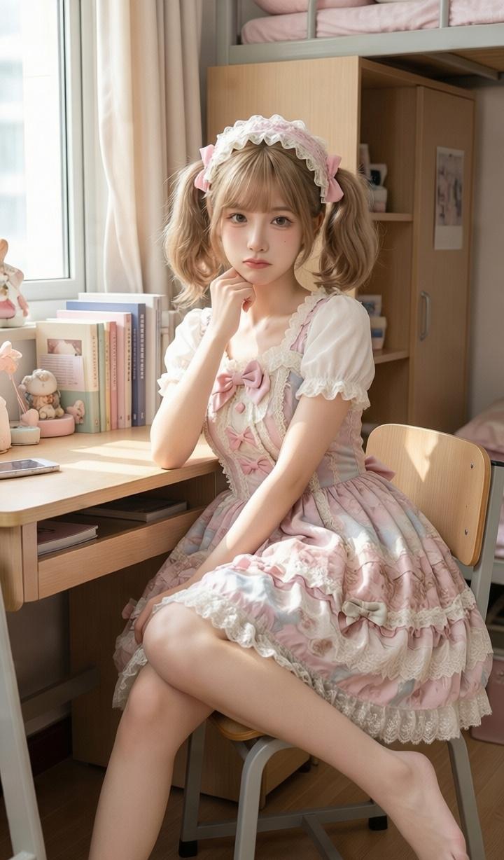 宿舍内emo的粉色女郎，别人都去找男朋友了，自己有点落寞。