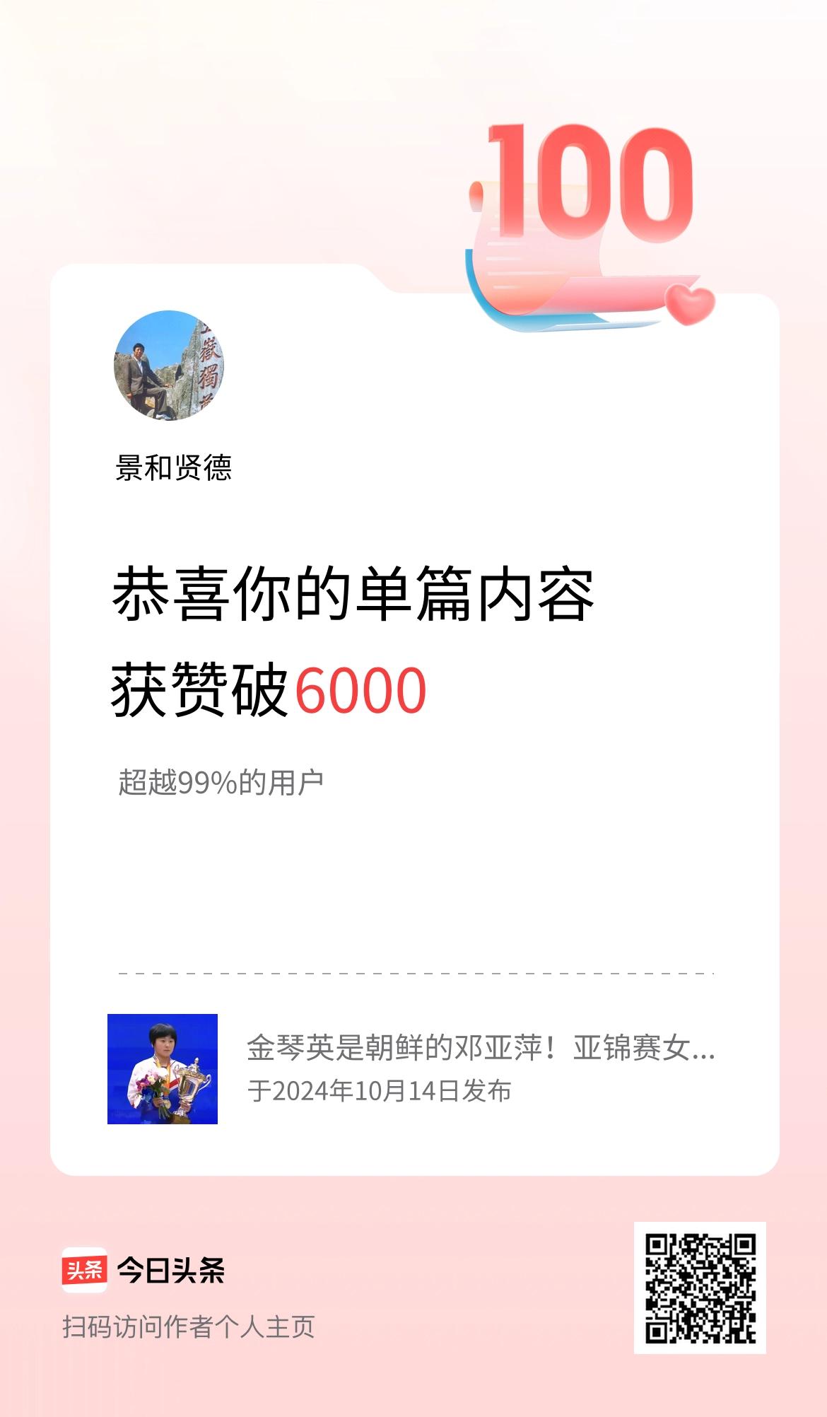 单篇内容获赞量破6000啦！