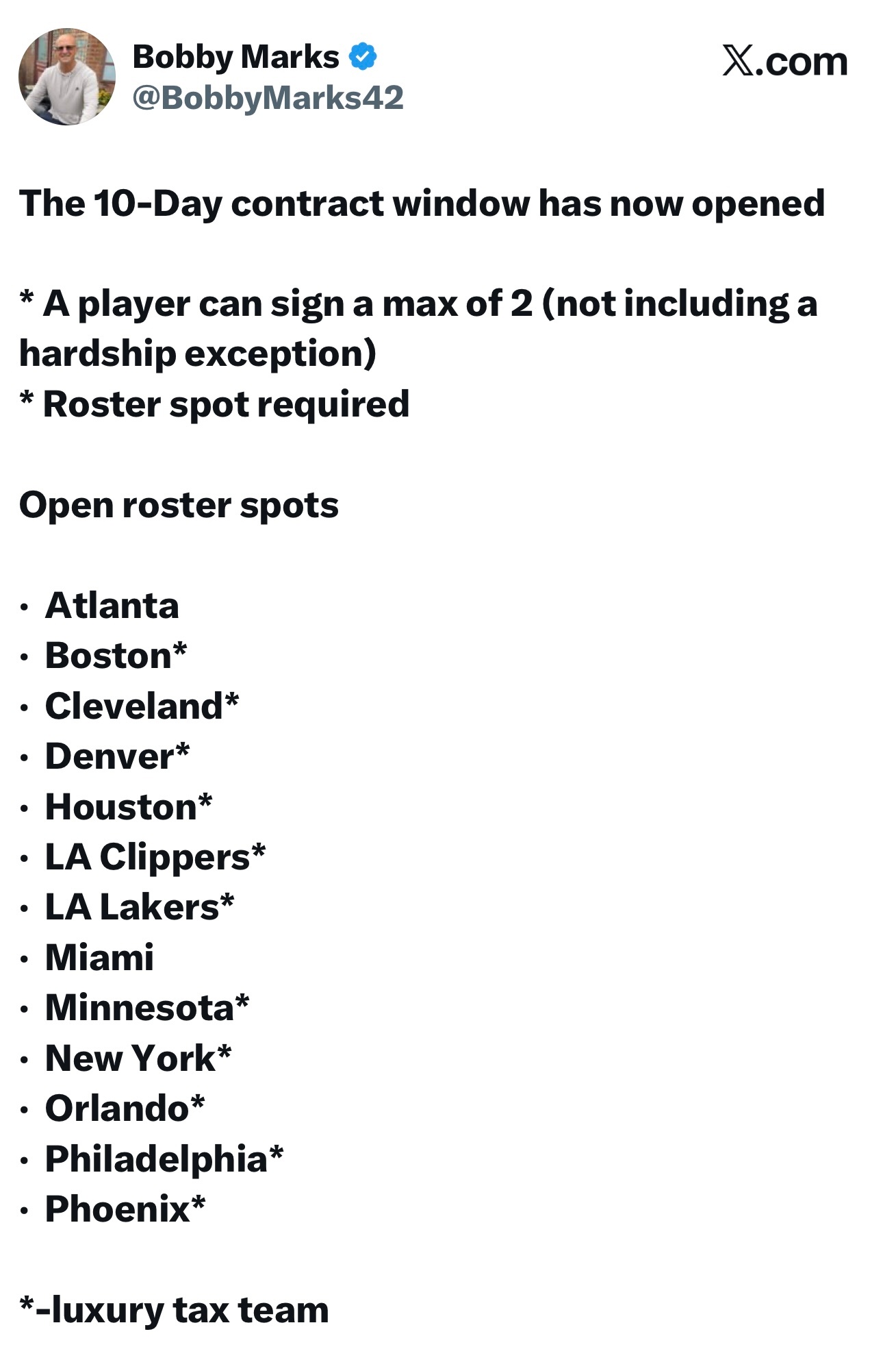 薪资专家Bobby Marks：10天短合同窗口正式开启！一名球员最多可签两次1
