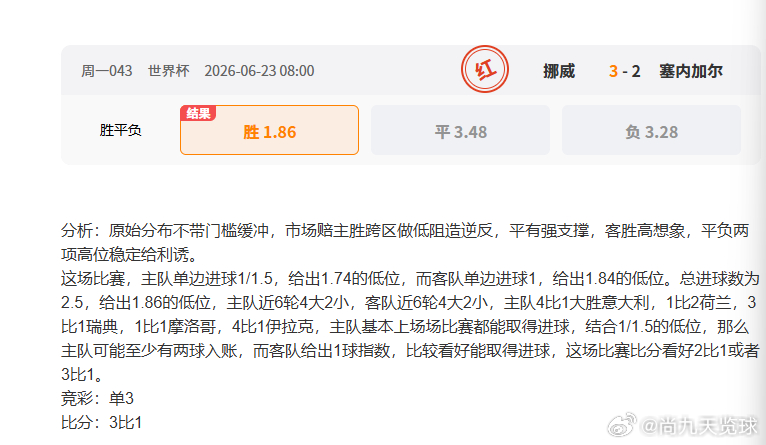 吐血，挪威VS塞内加尔，补时10分钟，最后时刻秒了我3比1的波胆 