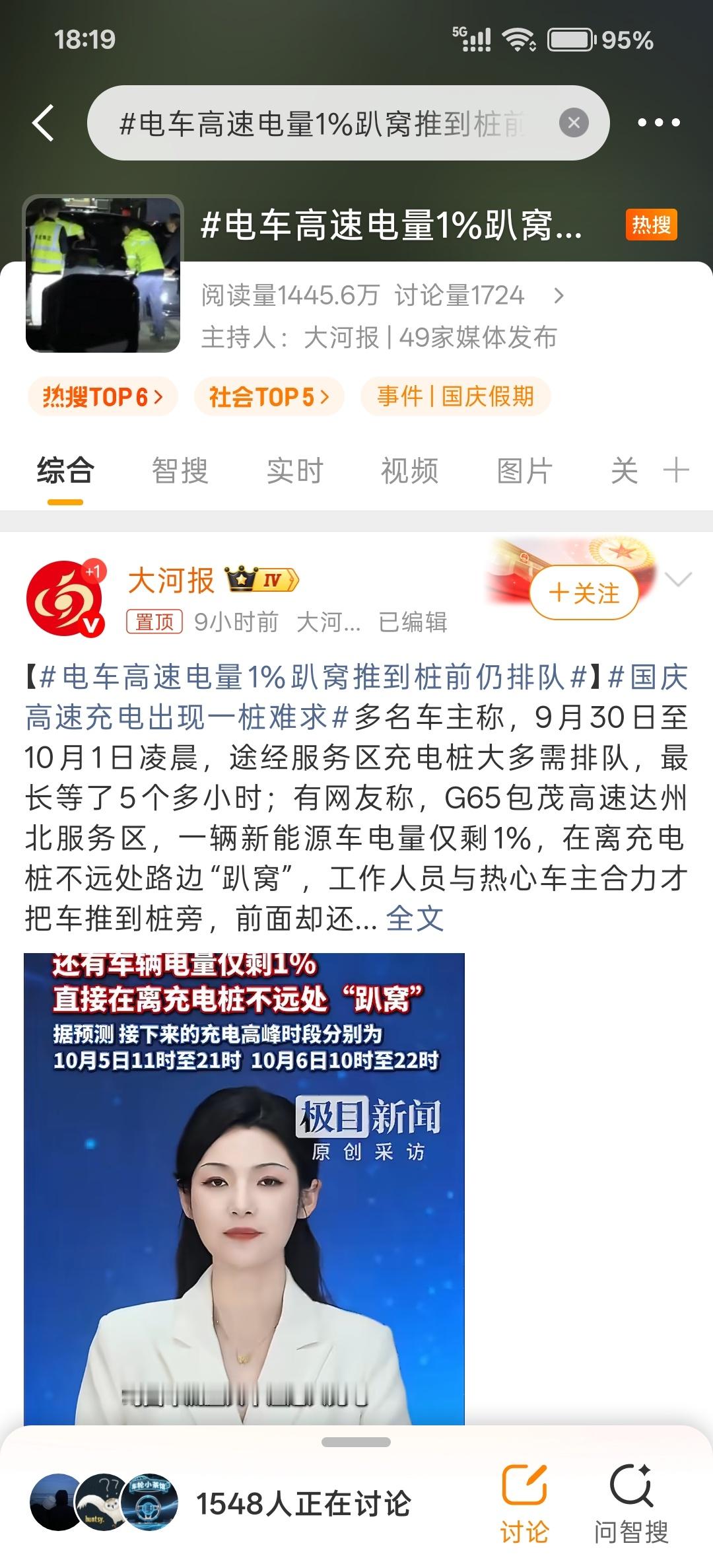 电车高速电量1%趴窝推到桩前仍排队1780万辆新能源车挤爆国庆高速 尚界H5一次