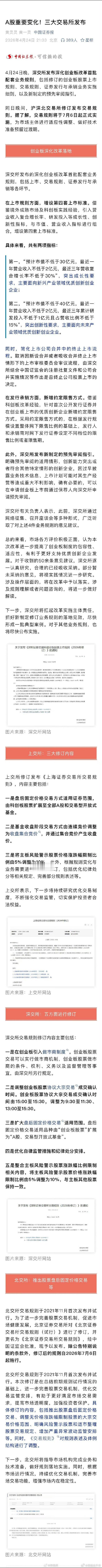 A股又有重要调整4月24日晚，深交所发布深化创业板改革首批配套业务规则，包括修订