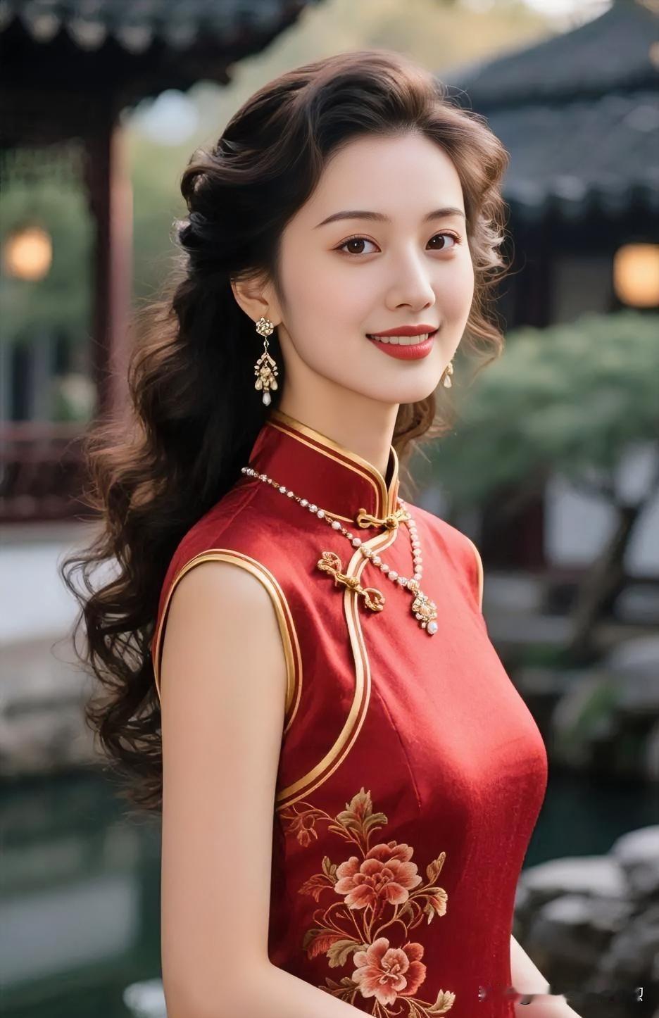 绛红凝韵，金线绣芳华，立领盘扣锁住东方雅致。卷发如墨云流转，珠翠点缀，浅笑盈盈间