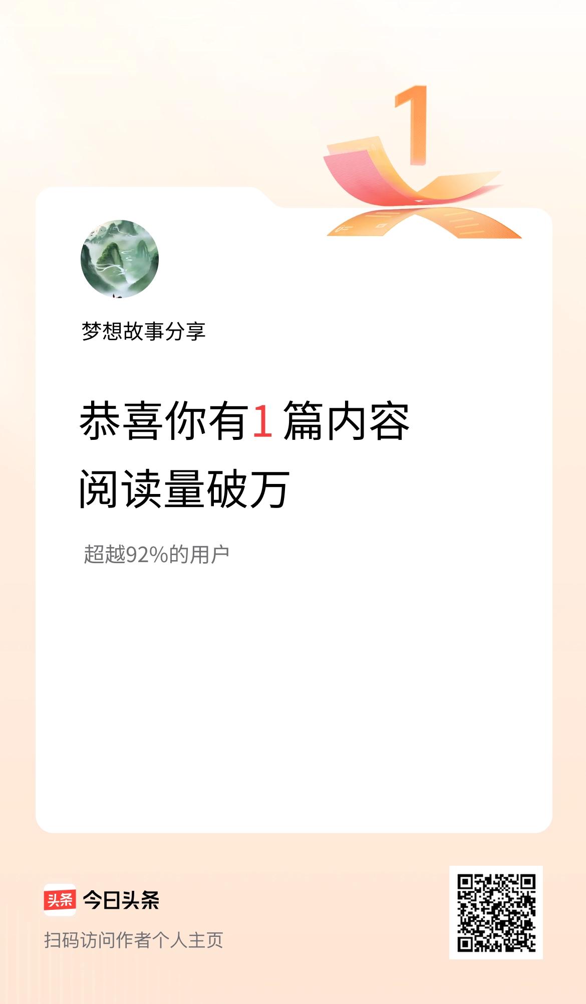 我在头条有1篇内容阅读破万了！