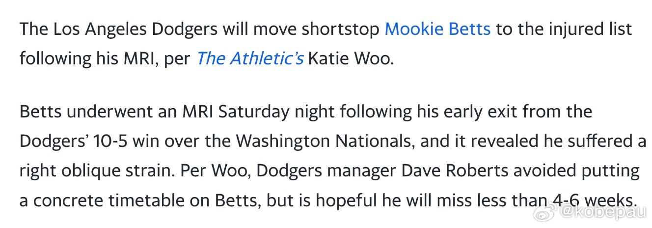 贝茨也是斜肌拉伤，洛杉矶的球队同病相怜了…… 