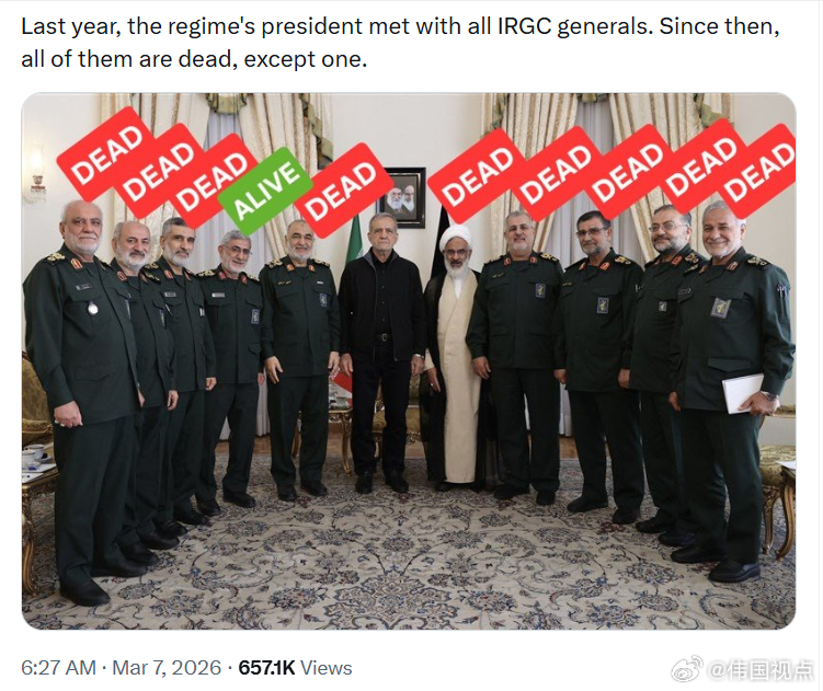 去年，伊*总统与所有伊斯兰革命卫队将领会面。自那以后，除了一人之外，他们全部被送