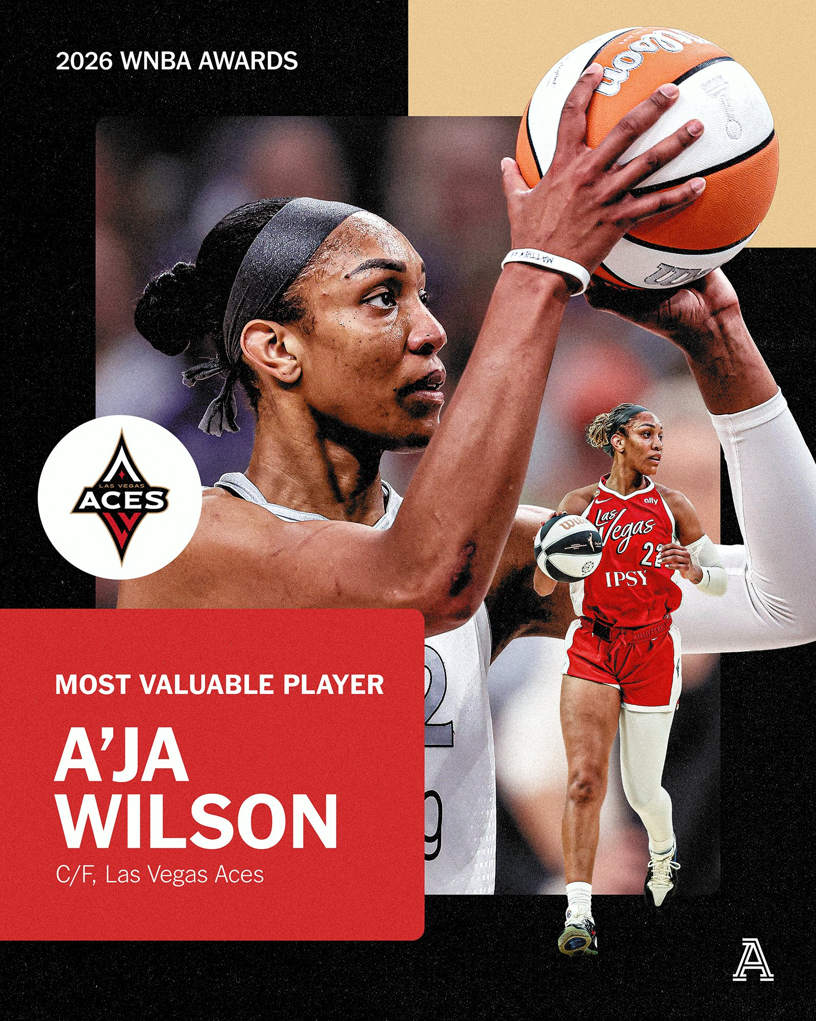 阿德巴约老婆阿贾·威尔逊连续第三年获得MVP，也是她五个赛季以来的第四个MVP，
