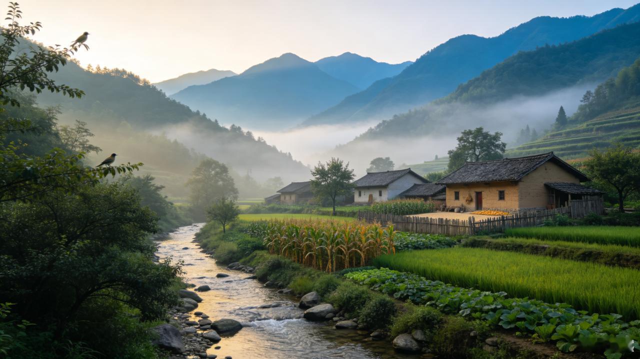 老家坐落在群山环抱之中，连绵大山一层叠一层。清晨山间飘着薄雾，像轻纱笼罩山头。山