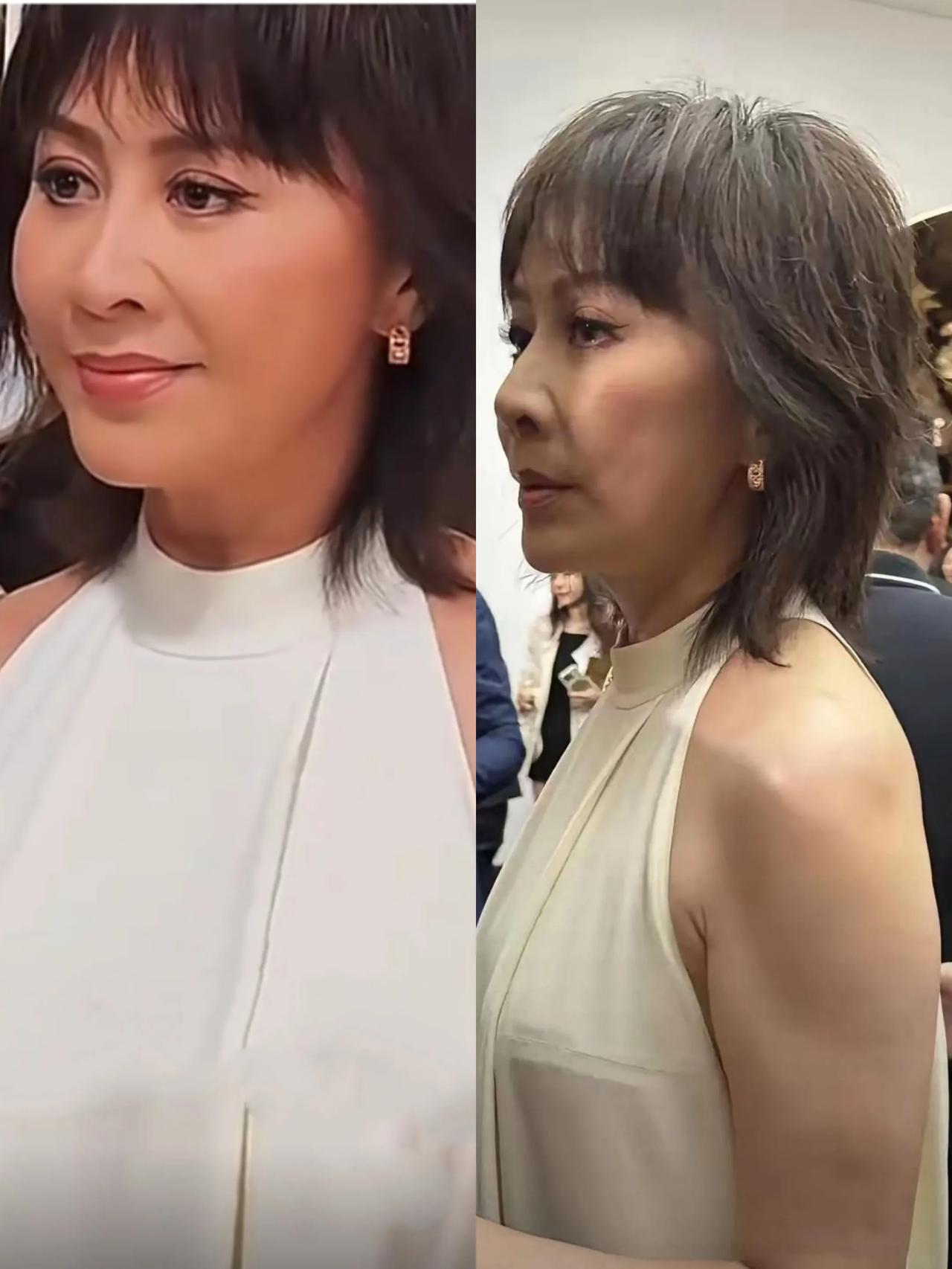 刘嘉玲美颜滤镜和无滤镜的照片，同样的场合，同样的穿着，滤镜下的刘嘉玲皮肤白皙光滑