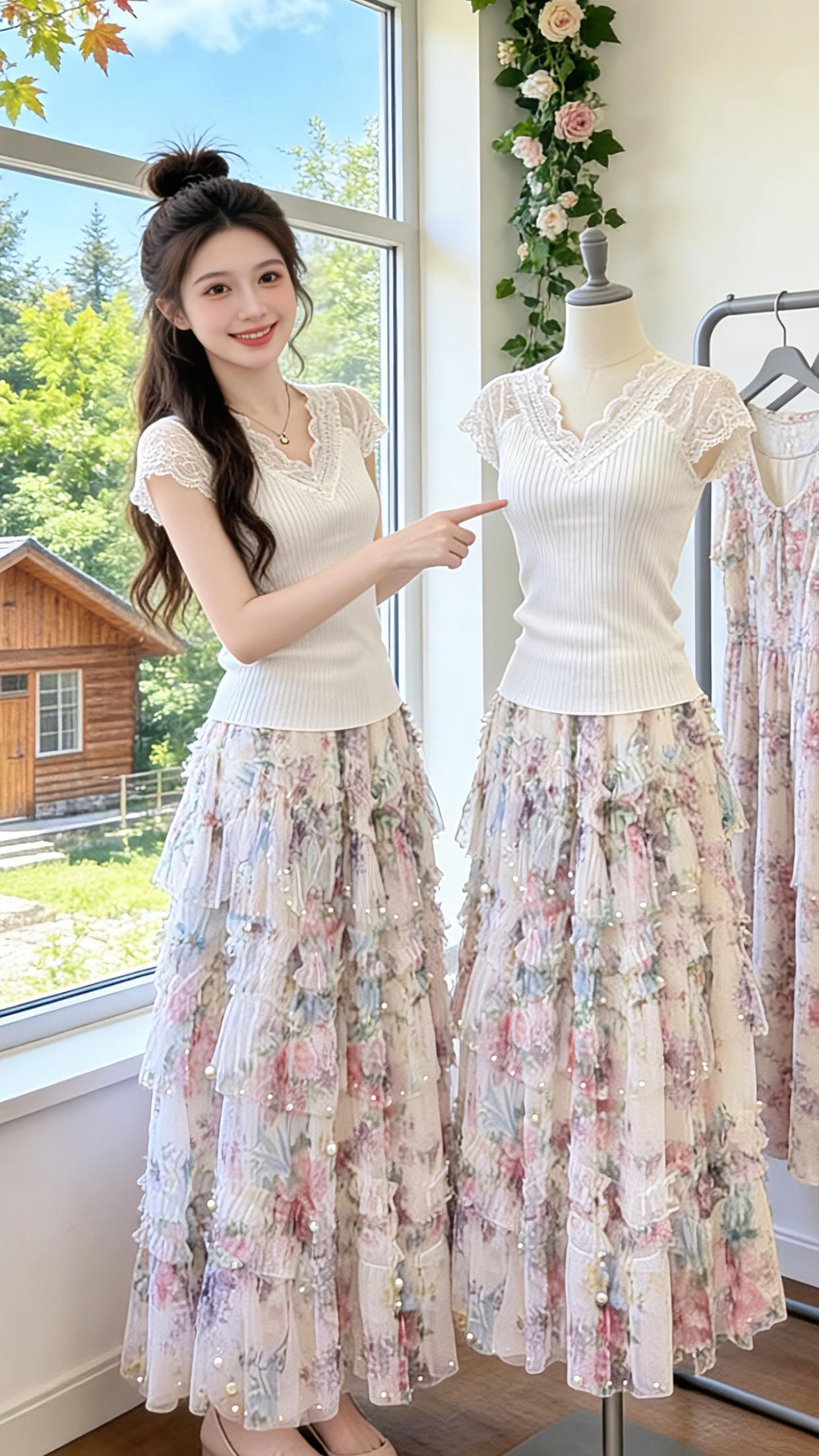 Danny私藏的夏日心动两件套！蕾丝V领短袖精致显瘦，搭配多层荷叶边碎花半身裙，