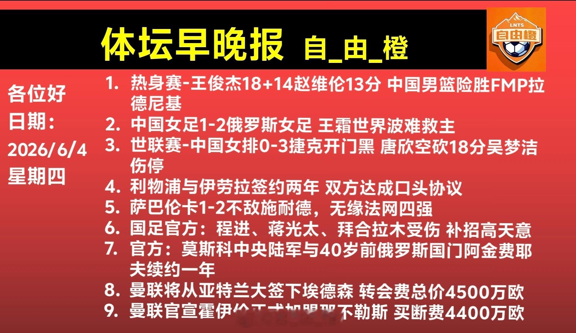 自由橙每日橙语体坛早晚报