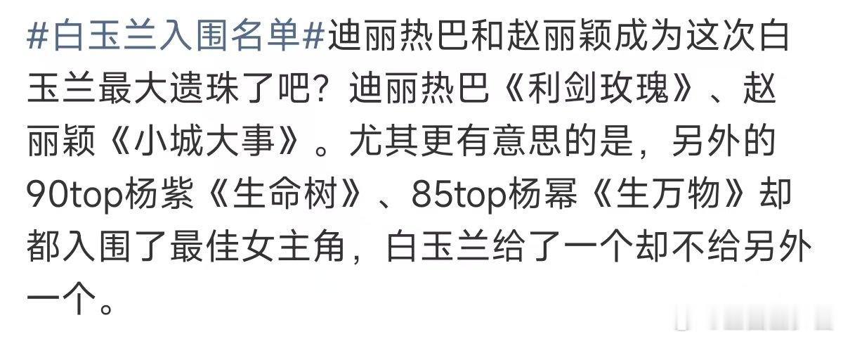 迪丽热巴赵丽颖白玉兰遗珠 白玉兰入围名单  迪丽热巴18年就有奖了哦 现在还是9