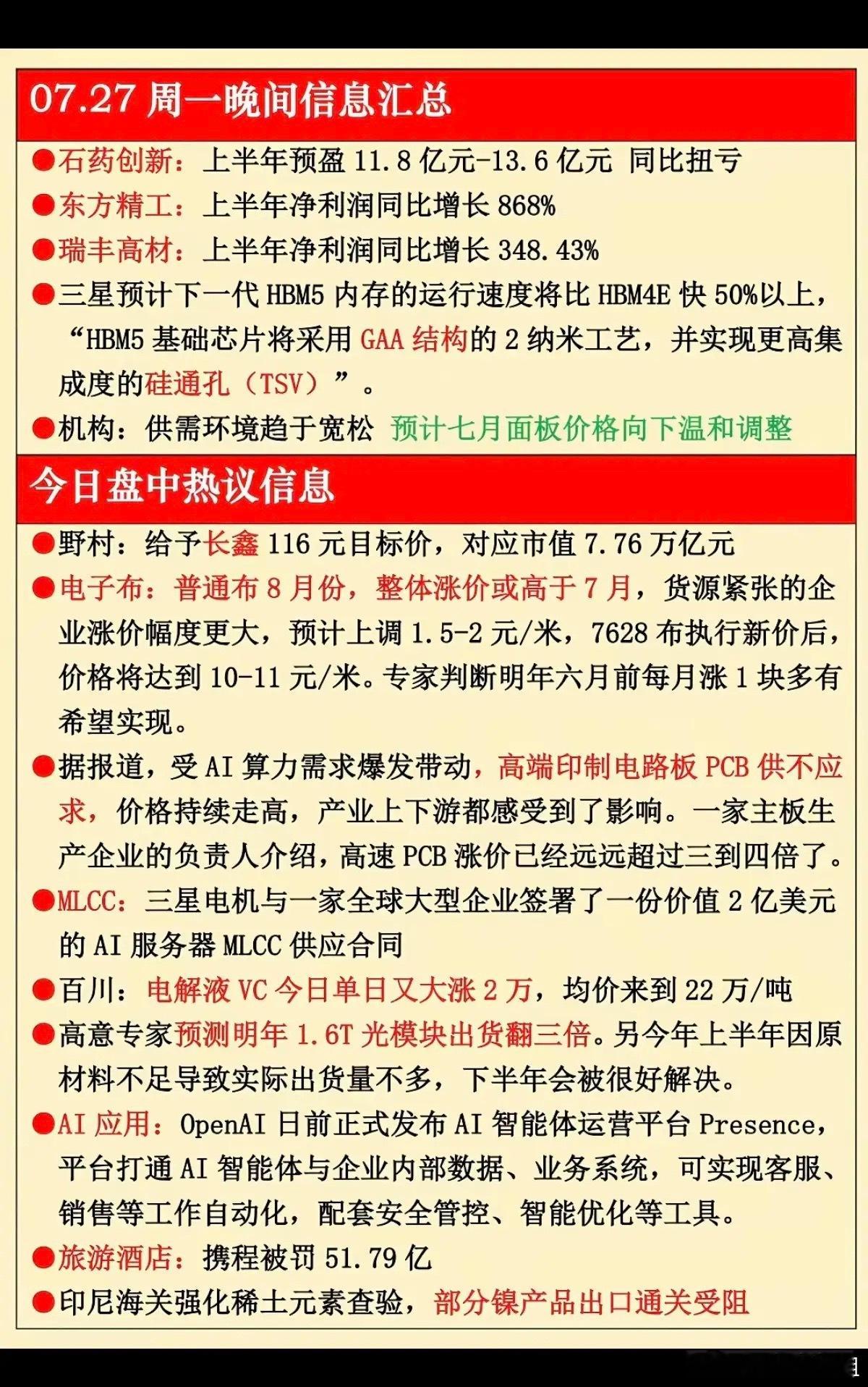 7.27周一  晚间财经信息汇总！1.电子布2.高端印刷电路板PCB3.MLCC