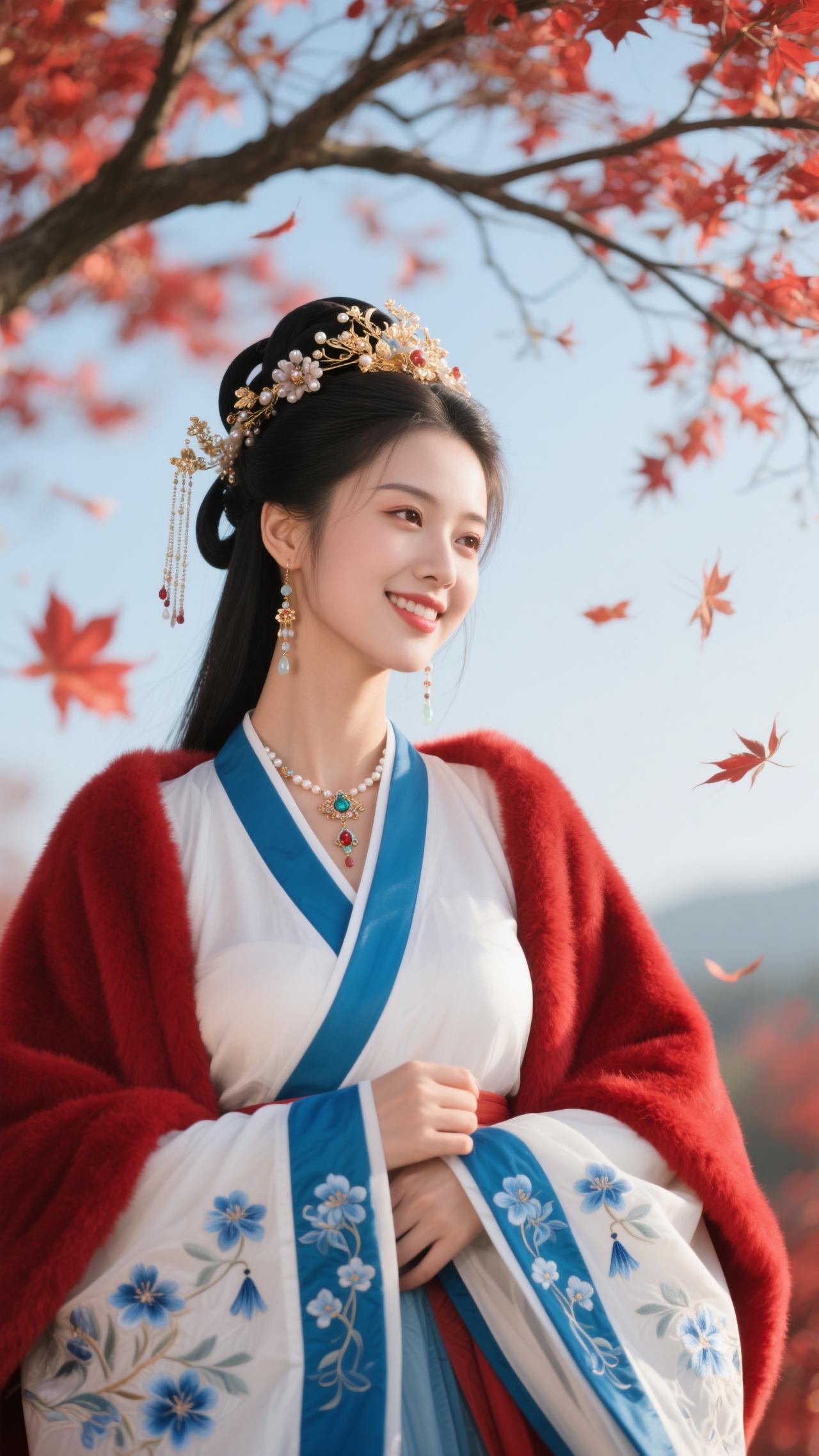 鹧鸪天·枫畔华妆
 
罗袂生香立叶间，白绡轻覆玉光绵。金簪暗锁玲珑韵，红枫明承秋