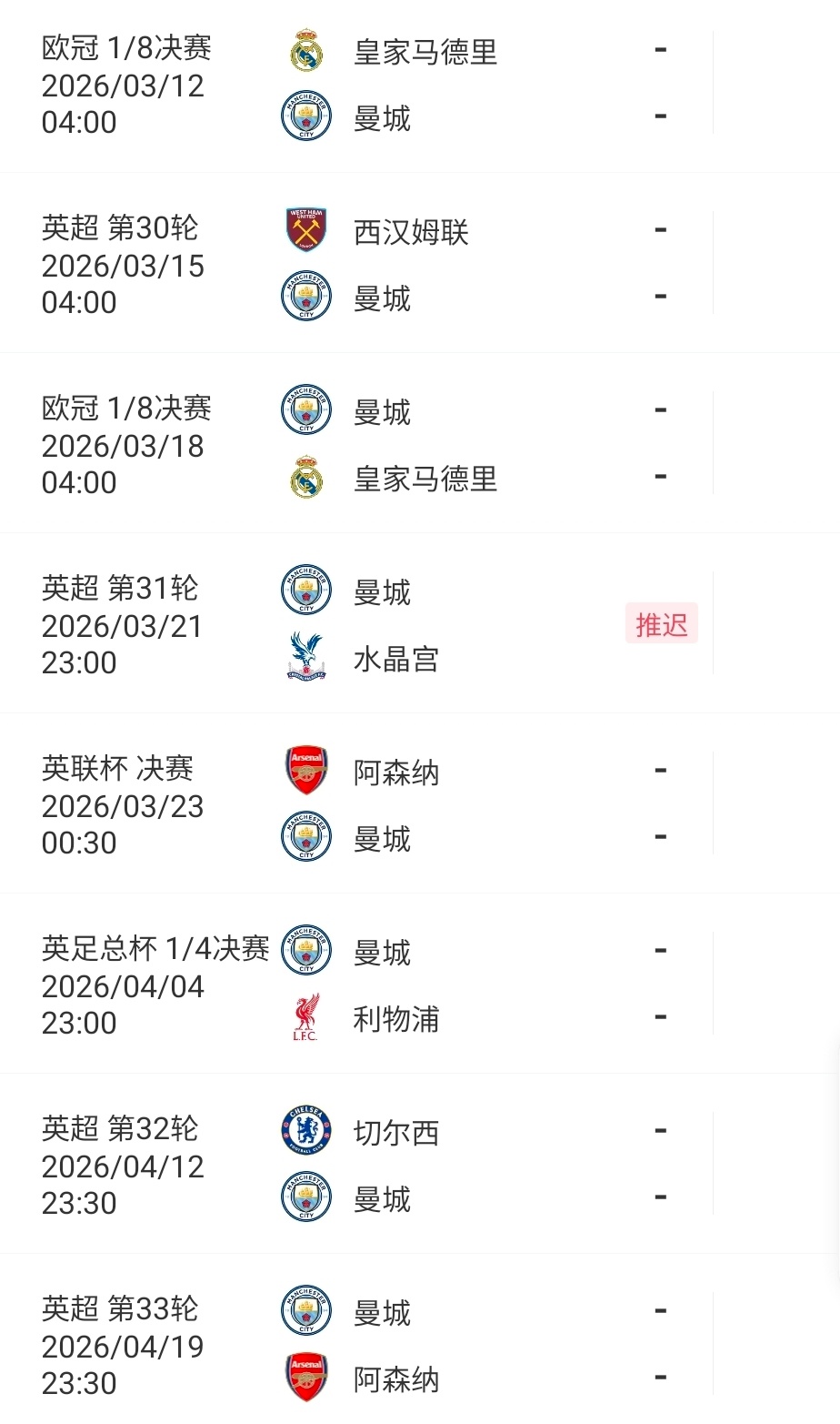 太难了！曼城未来7场4战皇马枪手+还需面对利物浦切尔西英足总杯1/4决赛抽签结束