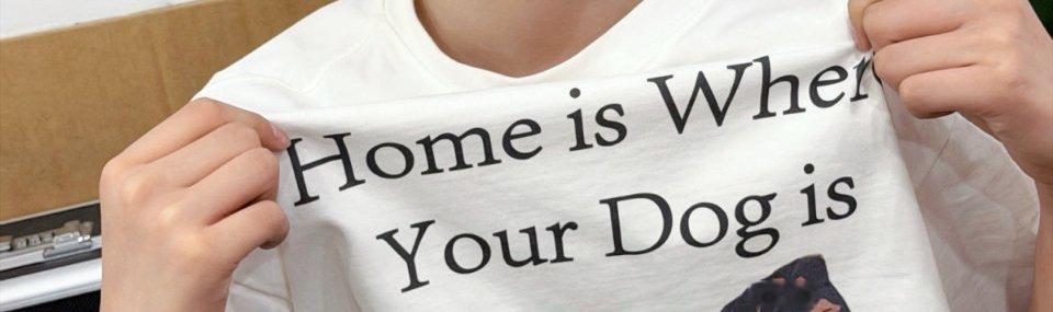文案是有点想球球了衣服是Home is where your dog is（有狗